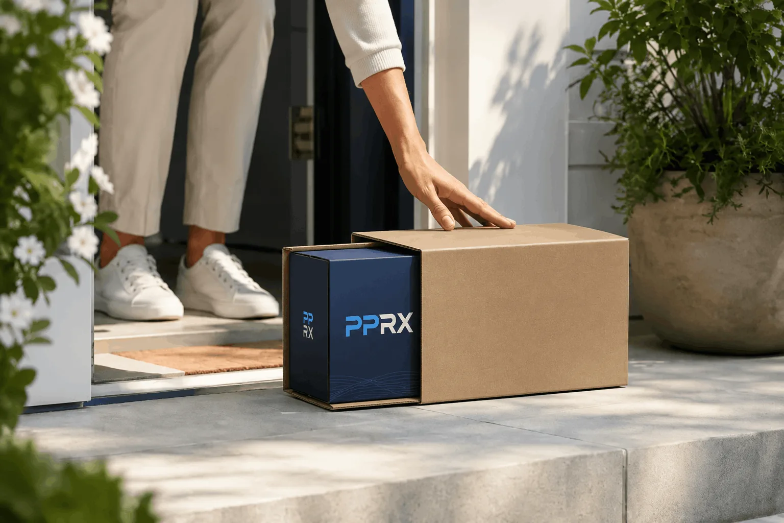 A PPRX delivery box being picked up from the doorstep