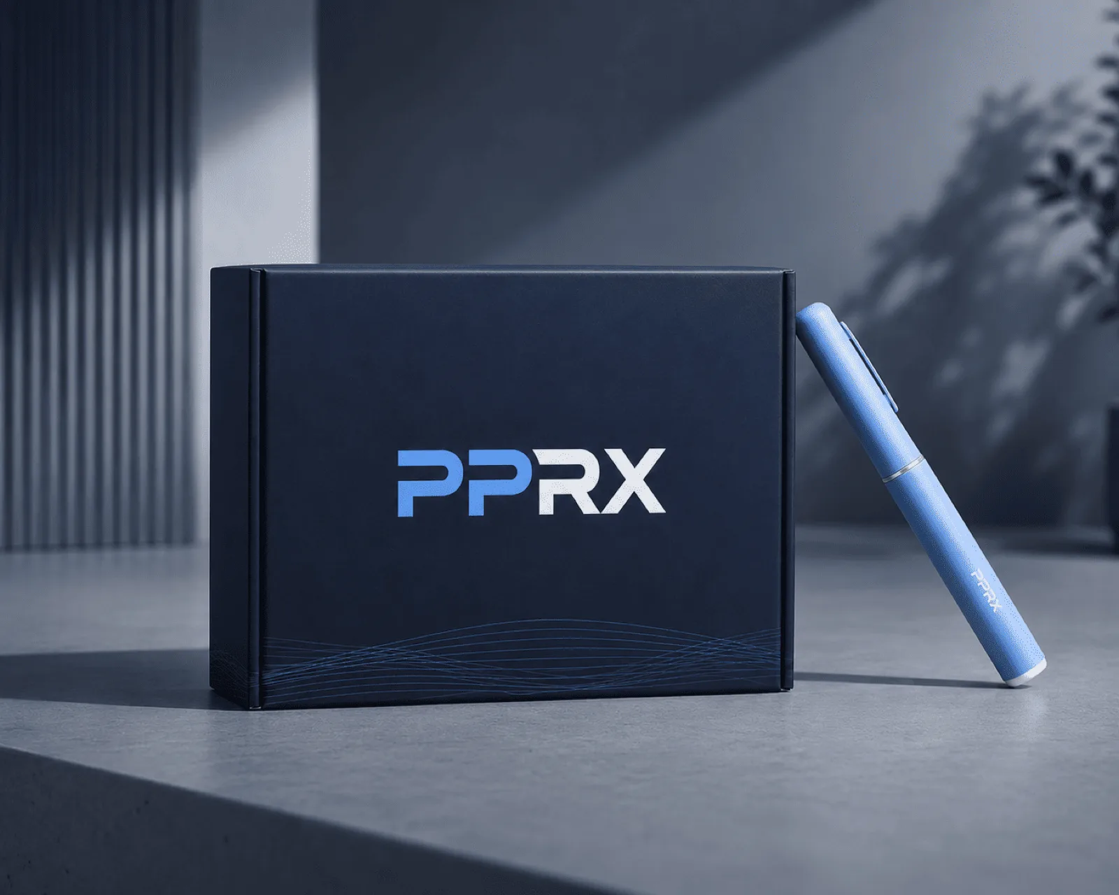 The PPRX treatment box with a pre-filled treatment pen resting against it