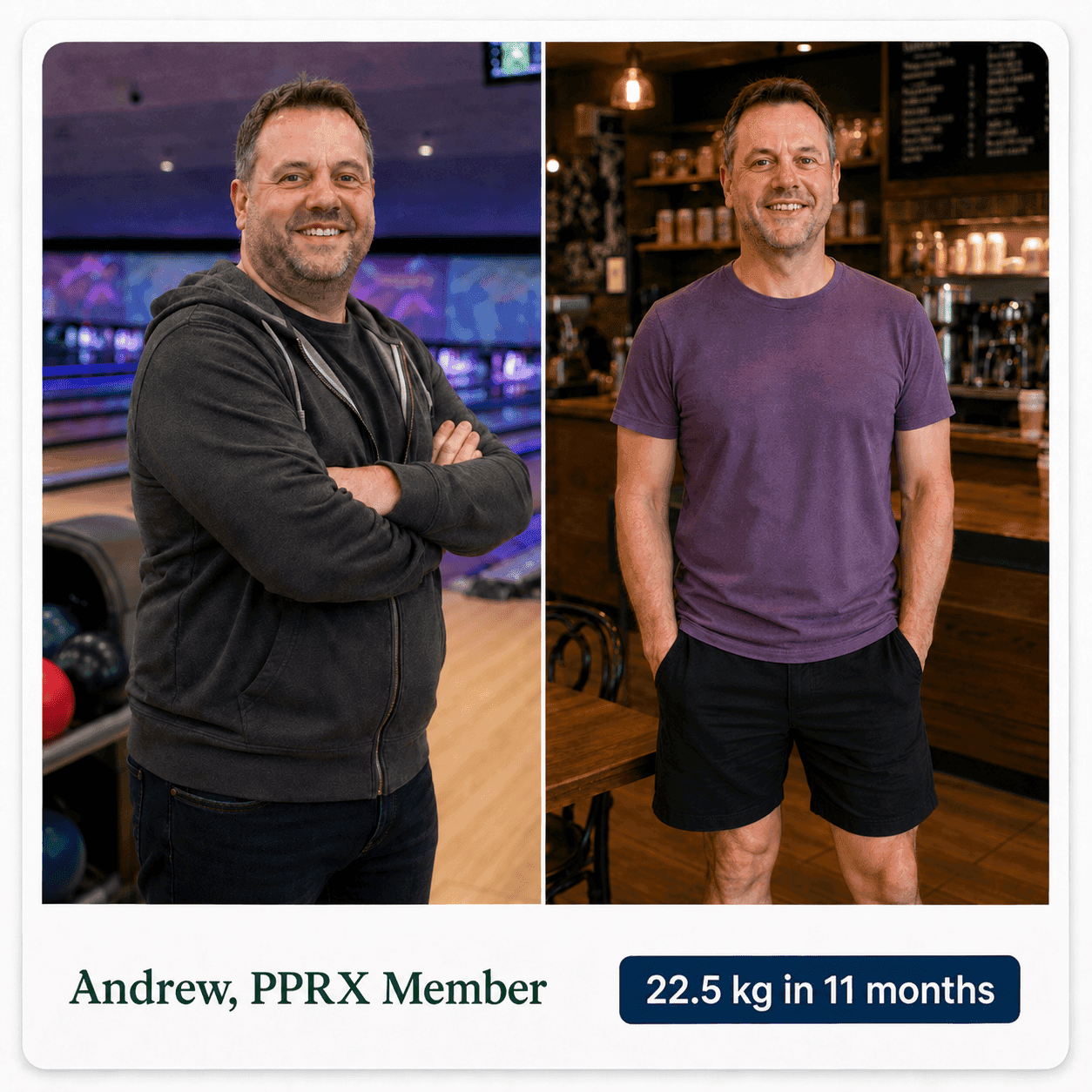 Andrew, PPRX patient — before and after losing 22.5 kg in 11 months
