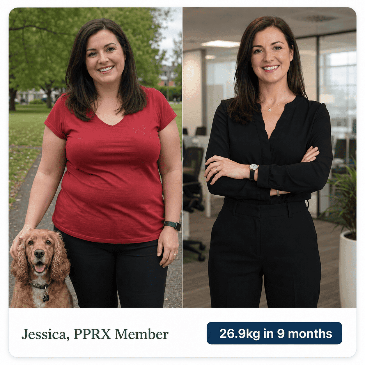 Jessica, PPRX patient — before and after losing 26.9 kg in 9 months